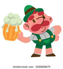 a mustachioed man in a folk costume stands with a glass of beer