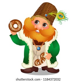 Mustachioed man in a hat with a peacock feather smiling and holding a donut isolated on white background. Vector cartoon close-up illustration.