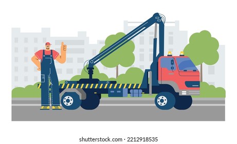 Mustachioed man in overalls showing thumbs up flat style, vector illustration isolated on white background. Tow truck professional service, roadside assistance, friendly character