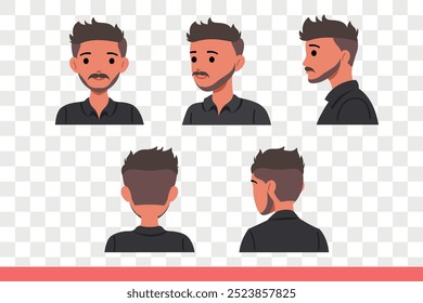 Homem mustaquiado posa mostrando diferentes lados do rosto depois de visitar a barbearia. Jovem com penteado na moda e túbulo recomenda bom cabeleireiro para melhorar a aparência.