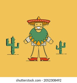 A mustachioed Mexican stands against the backdrop of the desert in a poncho and sombrero. He spread his arms and smiles. Behind him are cacti. 