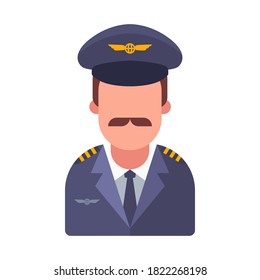 mustachioed pilot of a passenger plane. flat vector character illustration.