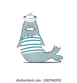 Mustachioed Walrus In Vest And Cap Vector Walrus Illustration Character Color Texture Shabby Style Blue Sea Ocean Life Face Animal Zoo Smile Mustache Funny Drawing Geometric Print On White Background