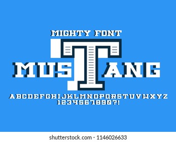 Mustang bold volume font. Vector alphabet letters and numbers. Typeface design. 