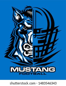 mustang football team design with half mascot and facemask for school, college or league