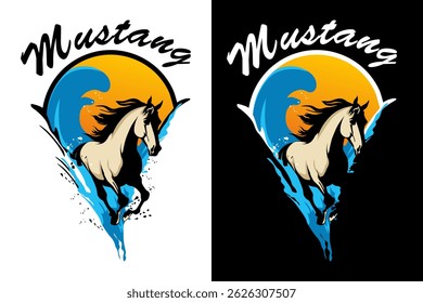 mustang horse and sea water logo design vector art
