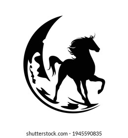 mustang horse standing on a crescent moon - night time fairy tale animal black and white vector silhouette design