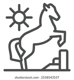 Mustang ridge horse line icon, west desert concept. Vector graphics. Sun, shiny weather and horse animal sign on white background, outline style icon for mobile or web design