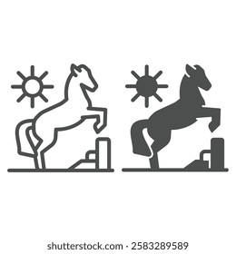 Mustang ridge horse line and solid icon, west desert concept. Vector graphics. Sun, shiny weather and horse animal sign on white background, outline style icon for mobile or web design