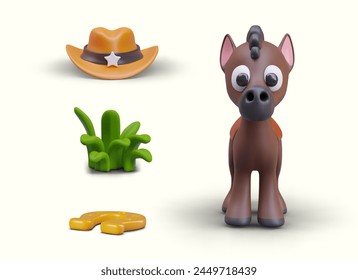 Mustang, sheriff hat, golden horseshoe, green grass