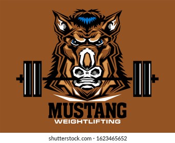 mustang weightlifting team design with mascot and barbell for school, college or league