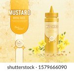 Mustard advertising composition with realistic images of plastic package text and flowers with seeds and sprouts vector illustration