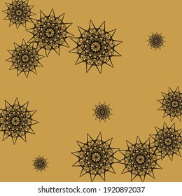 Mustard Black Colorful Mystery Autumn Ornament. DarkSnowflakes Gold Luxury Chaotic Composition. Gothic Golden Mandala Rich Sharp Sky Background. Print Christmas New Year Folk Stars Design Pic.
