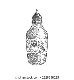vector dibujado a mano con botella de mostaza. salsa de recipiente, comida amarilla, plástico de condimento, ingrediente del producto, boceto de botellas de mostaza de jarra de objeto. ilustración negra aislada