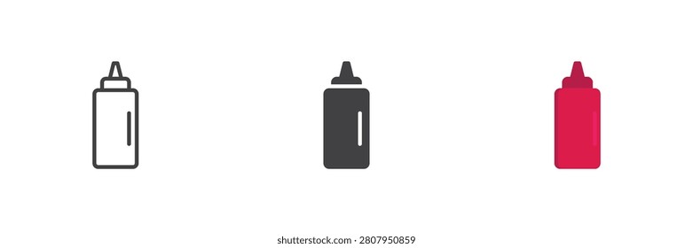 Mustard bottle icon, squeeze condiment container in line, solid and flat icon styles. Color and colorful vector sign, symbol for BBQ sauce.