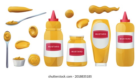 Mustard bottles and splashes set. Dijon honey sauce cream. Vector design in cartoon style for food branding.