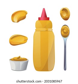 Mustard bottles and splashes set. Dijon honey sauce cream. Vector design in cartoon style for food branding.