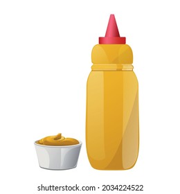 Mustard bottles and splashes set. Dijon honey sauce cream. Vector design in cartoon style for food branding.