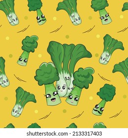 mustard with broccoli cartoon seamless pattern