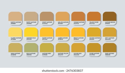 Mustard Color Palette, Mustard Color Guide Palette with Color Names. Catalog Samples Mustard with RGB HEX codes and Names. Mustard Colour Palette Vector, Fashion Trend Yellow Color Palette Vector