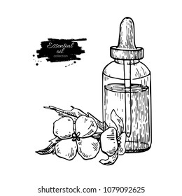 Mustard Essential Oil Bottle And Flower. Hand Drawn Vector Illustration. Isolated Drawing For Aromatherapy Treatment, Alternative Medicine, Cosmetic Ingredient For Label, Flyer, Packaging Design