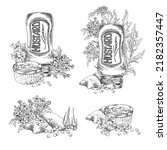 Mustard food condiments and plant elements collection, hand drawn engraving vector illustration isolated on white background. Mustard sauce in bottles and bowls.