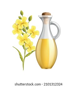 Mustard food oil in glass jar and flowers realistic vector illustration