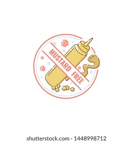 Mustard free food label, flat pastel icon for allergy and allergen restriction for healthy diet, hand drawn yellow condiment bottle in round sticker isolated on white background - vector illustration