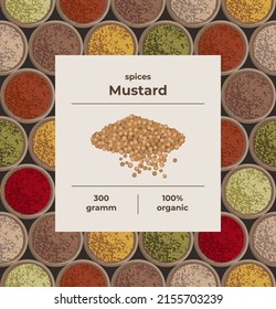 Mustard grains and spice powder concept for packaging condiments. Seamless background and label. 