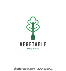 Mustard green with fork combination illustration. Creative healthy food cafe restaurant logo icon sign. Isolated object on white background