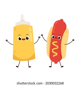 Mustard and Hot Dog character character design. Mustard and Hot Dog on white background.