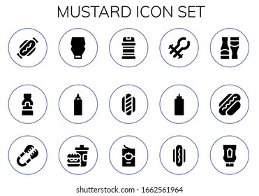 conjunto de iconos de mostaza. 15 iconos de mostaza rellenos.  Iconos modernos sencillos, como: Perro caliente, Mostaza, Mayonesa, Salsa, Acondicionamientos, Tonos, Salsas, Comida rápida, salsa de tomate, Ketchup