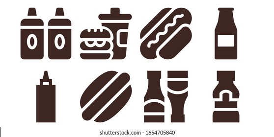 mustard icon set. 8 filled mustard icons. Included Sauce, Sauces, Hot dog, Fast food, Mustard, Ketchup bottle icons