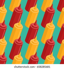 Mustard and ketchup bottle seamless pattern. Fast food seasoning background. Food Ornament

