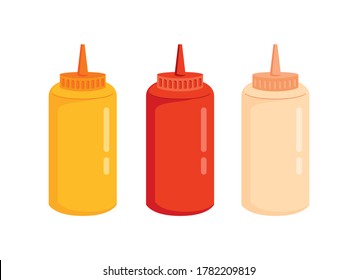 Mustard ketchup mayonnaise plastic bottle icon set vector. Mustard ketchup and mayo squeeze bottles icon isolated on a white background