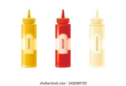 Mustard, ketchup, mayonnaise sauces bottles. Hot sauce set. Food icons with text logo label on plastic squeeze bottle packaging. 3d realistic vector illustration. Americain spice. Isolated background