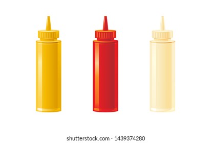 Mustard, ketchup, botellas de salsa mayonesa. Salsa caliente puesta. Iconos de comida con la etiqueta del logo de texto sobre el embalaje de plástico para el frasco. Ilustración vectorial 3d realista. Especias americanas. Fondo aislado