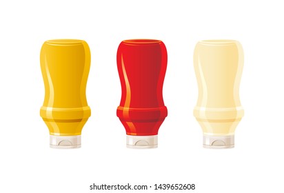 Mustard, ketchup, mayonnaise sauces bottles. Mock up hot sauce set. Food icons, mockup plastic squeeze bottle packaging. 3d realistic vector illustration. Americain spice. Isolated background