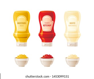 Mustard, ketchup, mayonnaise sauces bottles & cup bowls. Hot spice sauce set. Food icons with text logo label on plastic squeeze bottle packaging. 3d realistic vector illustration. Isolated background
