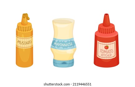 Mustard, ketchup and mayonnaise sauces bottles vector illustration