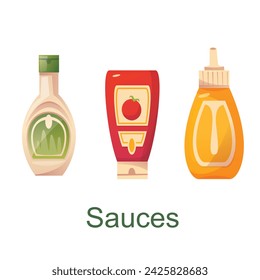Mustard, ketchup, mayonnaise sauces bottles. Hot sauce set.