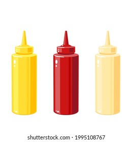 Mustard, ketchup, mayonnaise sauces in squeeze bottles for fast food, vector illustration cartoon icons isolated on white background.