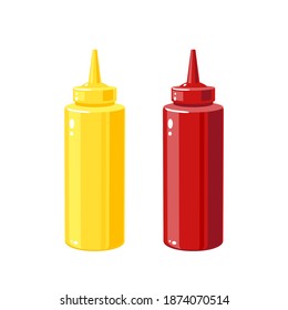 Mostaza, salsa de ketchup en botellas apretadas para comida rápida, ilustración vectorial iconos de dibujos animados aislados en fondo blanco.