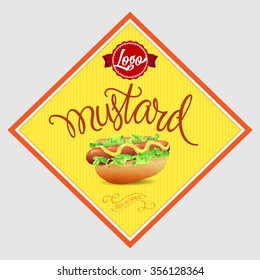 Mustard Label. Vector Illustration With Hand Lettered Text And Hot Dog With Mustard Illustration.