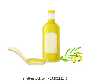 Mustard Oil in Glass Bottle with Spoon and Plant Specie Rested Nearby Vector Illustration