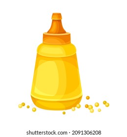 Mustard Paste or Sauce in Yellow Plastic Bottle and Scattered Grain Around Vector Illustration