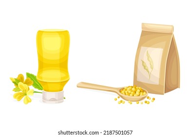 Mustard Paste or Sauce in Yellow Plastic Bottle and Grain in Paper Package Vector Set