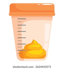 Mustard in a plastic measuring cup with scale, ideal for cooking and preparing meals