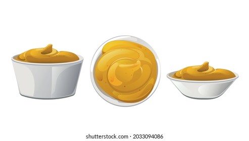 Mustard portion in the bowl. Dijon honey sauce cream. Vector design in cartoon style for food branding.