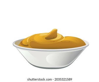 Mustard portion in the bowl. Dijon honey sauce cream. Vector design in cartoon style for food branding.